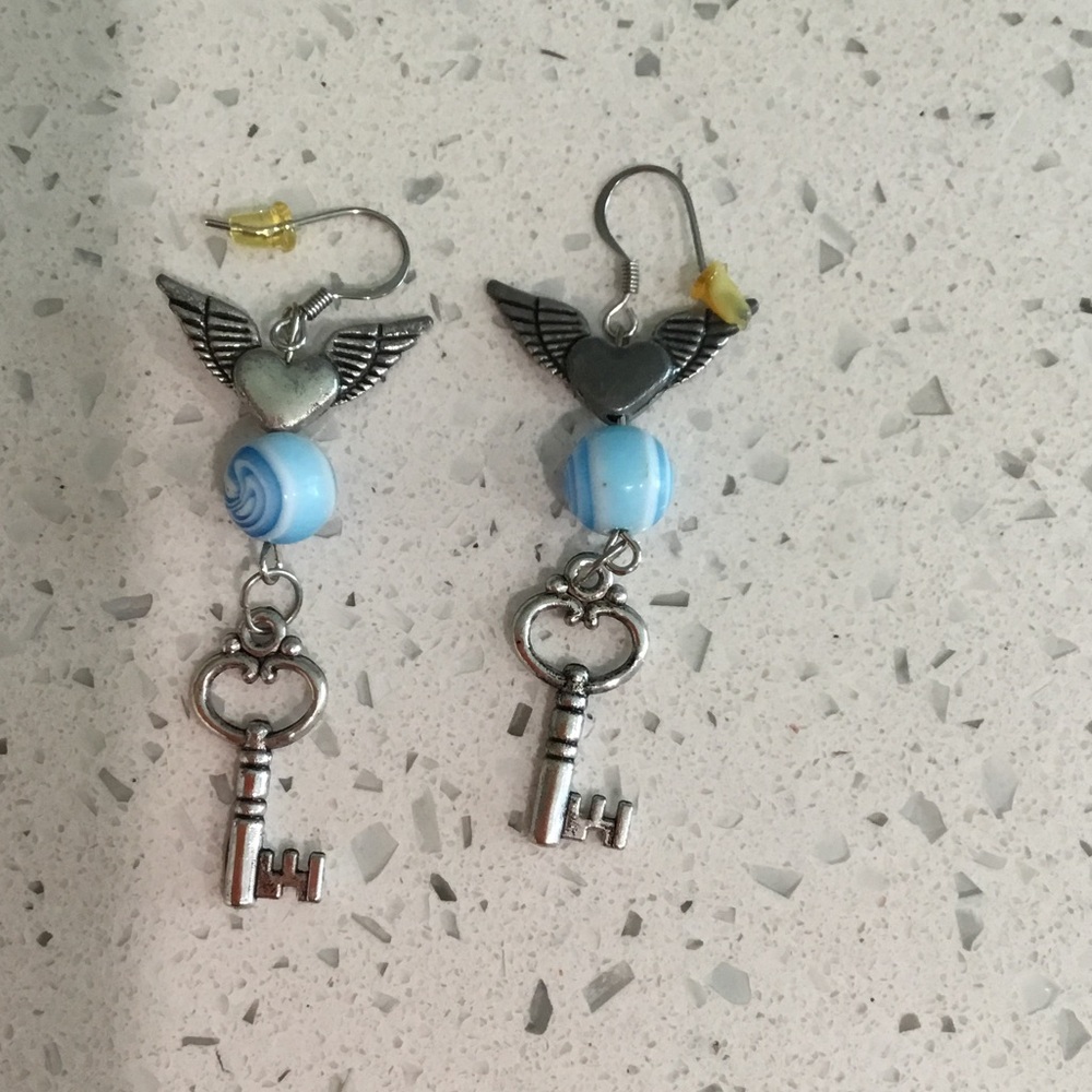 Winged Heart Key Dangle Earrings with Blue Beads